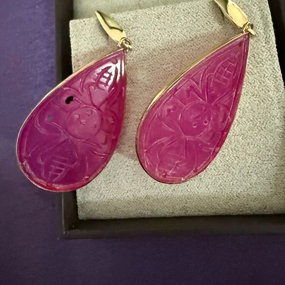 Carved Pink Jade Drop Earrings in 18kt Gold Over Sterling - Picture 3 of 4